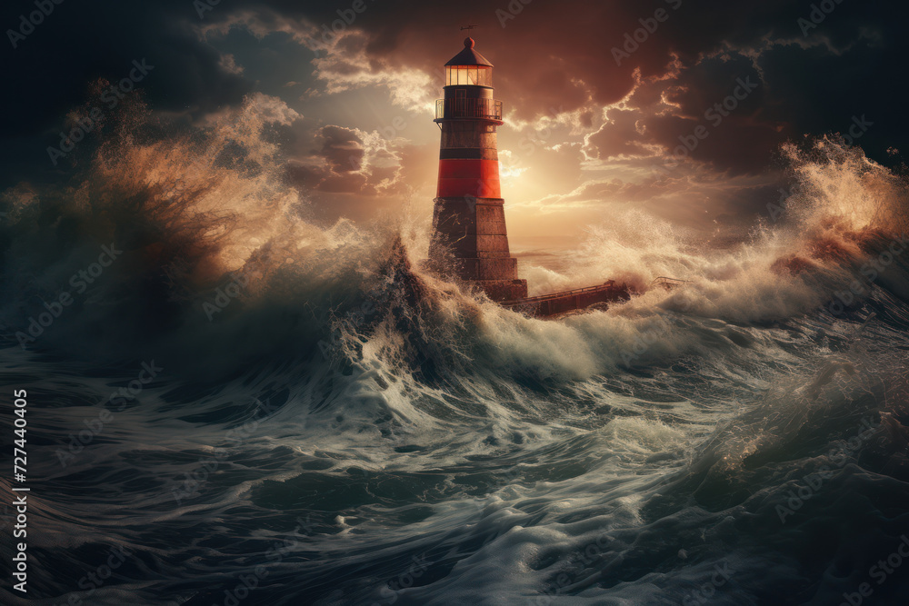 A lighthouse standing firm amidst stormy seas, a metaphor for reliability in turbulent times. Generative Ai.