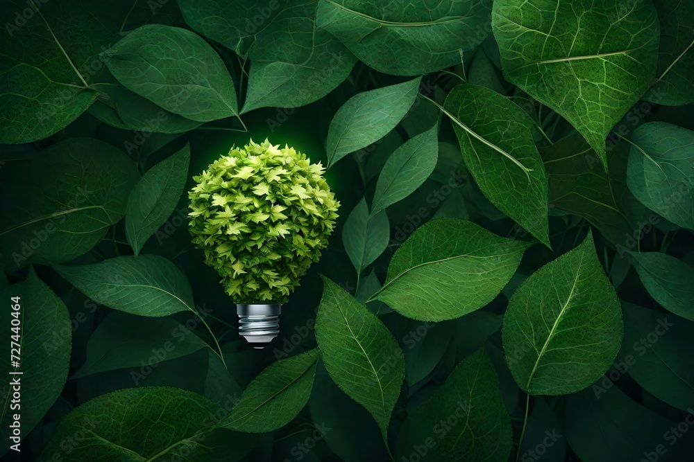 Eco friendly lightbulb from fresh leaves top vie, concept of Renewable Energy and Sustainable Living, created with Generative AI technology - obrazy, fototapety, plakaty 
