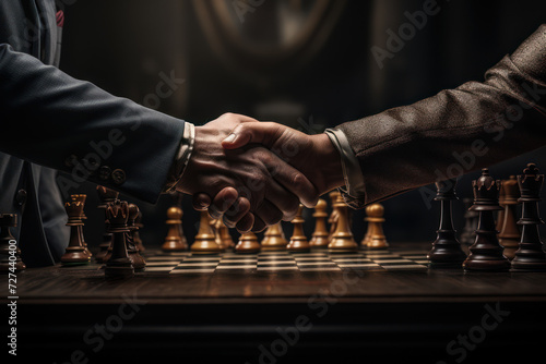 Two hands joining in a handshake over a chessboard  representing trust in strategic decisions. Generative Ai.