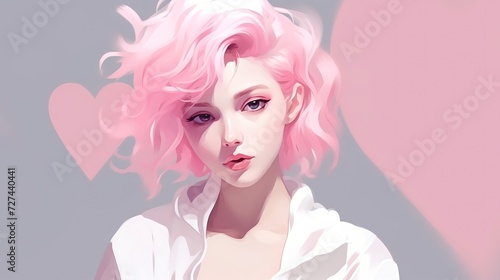 Kobieta o różowych włosach i białej koszulce na tle serca