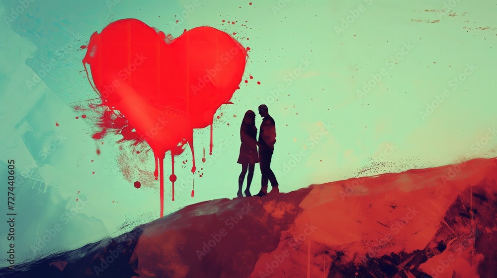 Obraz przedstawia dwie osoby stojące przed sercem z farby na wzgórzu - obrazy, fototapety, plakaty 