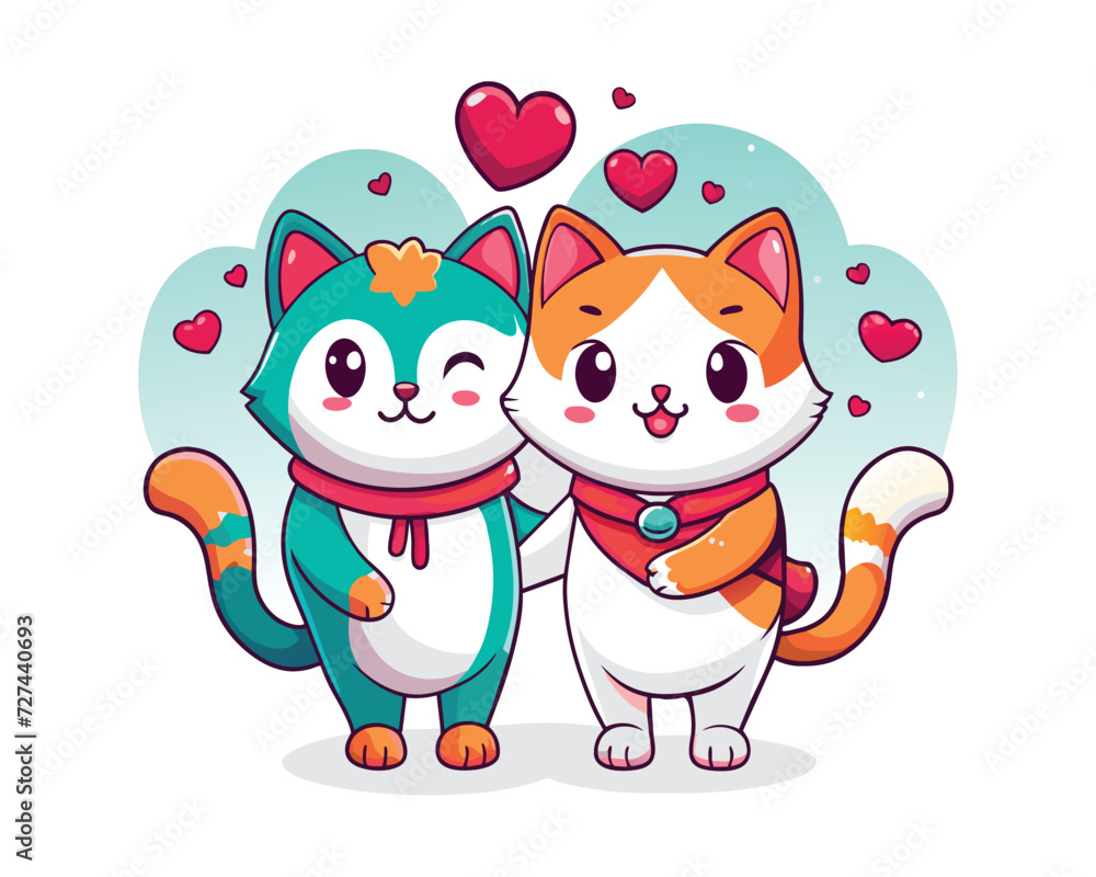 cute cat couple characters in love valentine's day vector illustration