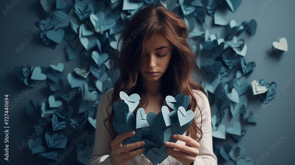 Kobieta trzymająca w górze bukiet papierowych niebieskich serduszek, wyrażając uczucia związane z Walentynkami, kochaniem oraz romansem. - obrazy, fototapety, plakaty 