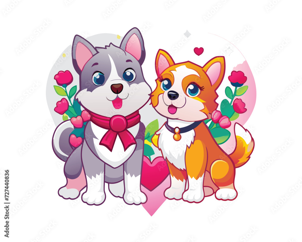 cute dog couple characters in love valentine's day vector illustration