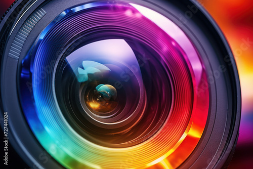 A camera lens focusing on a rainbow, capturing the spectrum of imagination. Concept of colorful vision. Generative Ai