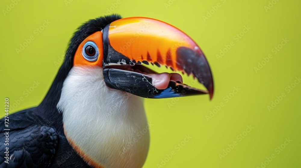 Naklejka premium TKeel-billed Toucan, Ramphastos sulfuratus, bird with big bill close up on green background