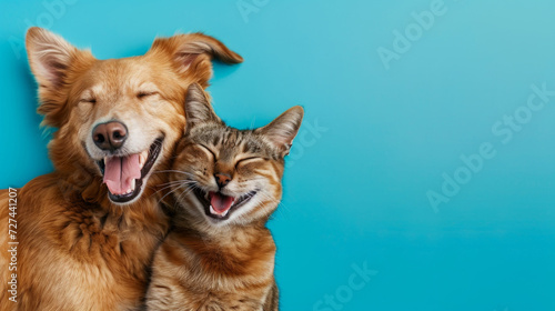 Dog and cat smiling on blue background.