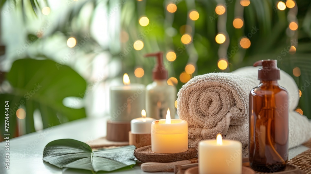 Towel on fern with candles and black hot stone on wooden background. Hot stone massage setting lit by candles. Massage therapy for one person with candle light. Beauty spa treatment and relax concept.