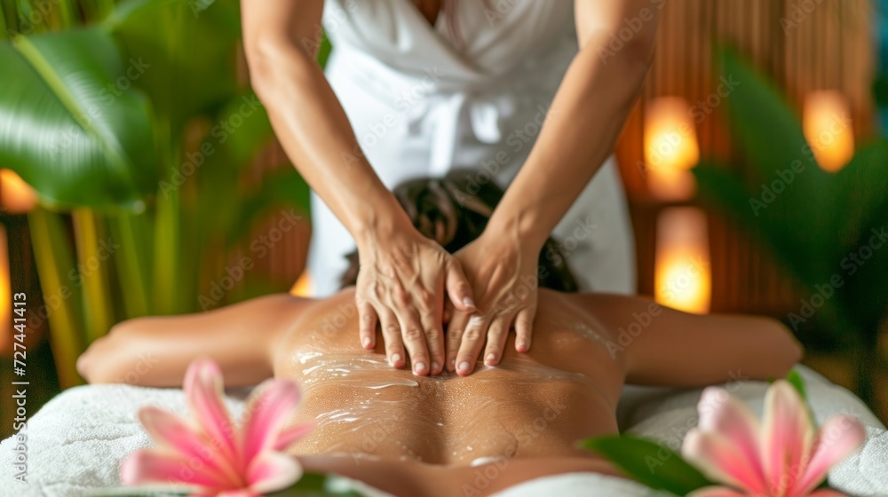 Body massage treatment. Woman having massage in the spa salon. Masseur working on her back.