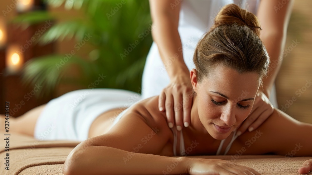 Obraz premium Body massage treatment. Woman having massage in the spa salon. Masseur working on her back.