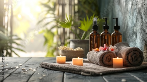 Towel on fern with candles and black hot stone on wooden background. Hot stone massage setting lit by candles. Massage therapy for one person with candle light. Beauty spa treatment and relax concept. © sderbane