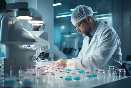 A pharmacist mixing ingredients under a microscope, showcasing the precision in creating medications. Concept of detailed pharmaceutical work. Generative Ai.