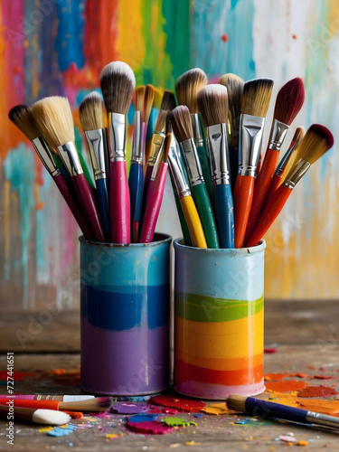World art day template April 15th, painting brushes colour palette background, artistic banner, copy space area