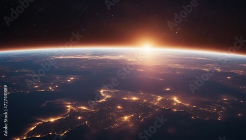 Sunrise Over Earth: Glimmering City Lights and Glowing Horizon from Space