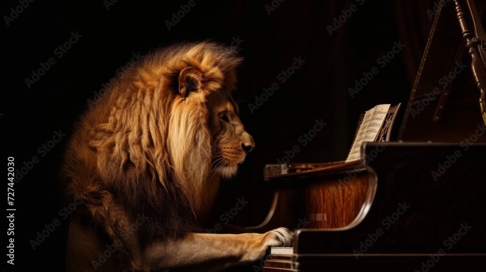 A photo portrait of a male lion plaing piano, intricate details , generated with AI - obrazy, fototapety, plakaty 