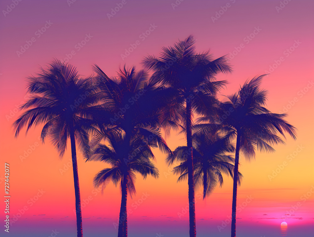 Scenic Tropical Sunset with Palms - Serenity & Vacation Concept: A Quintet of Silhouetted Palm Trees Against Gradient Sky from Purple to Fiery Orange, Dawn or Dusk Ocean View with Gentle Ripples