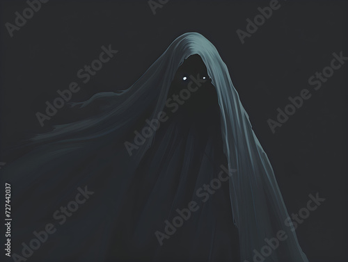 Eerie Spectral Ghost with Glowing Eyes Shrouded in Dark Blue, Mystery and Horror Concept - Haunting Phantom Figure in Ethereal Tendrils Against Black Background