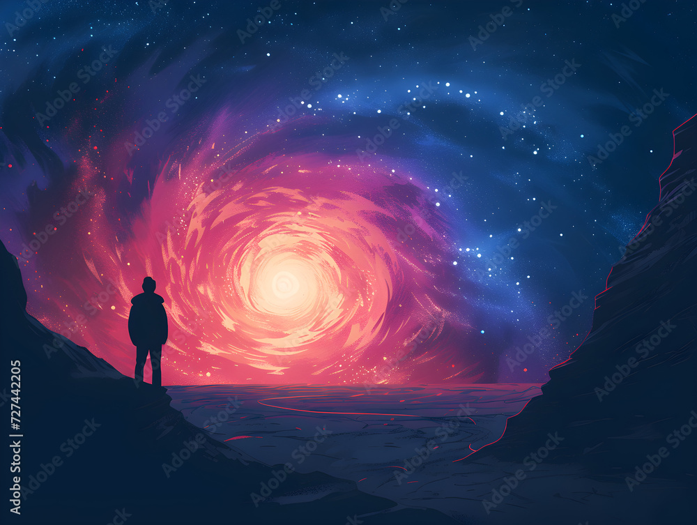 Man Before Spectacular Galaxy Spiral - Space Exploration and Wonder Concept - Digital Artwork of Solitary Figure on Rocky Terrain With Cosmic Wormhole Portal, Ethereal Starry Night Background