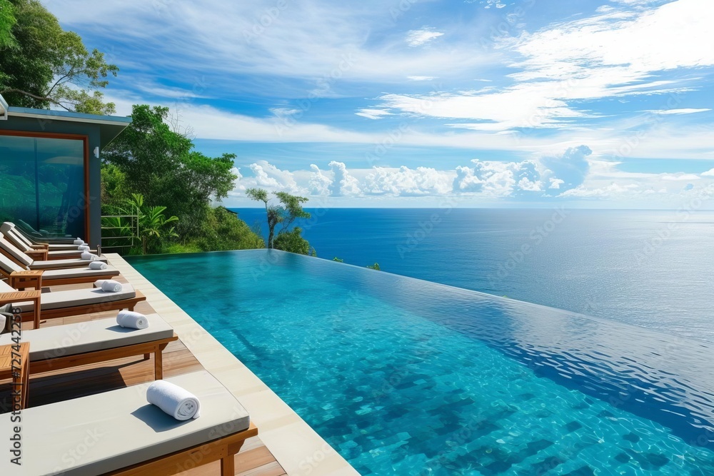 Fototapeta premium Luxurious infinity pool overlooking a breathtaking ocean view
