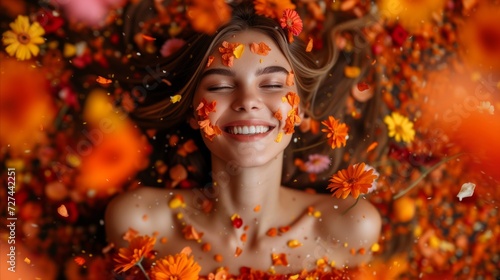 Joyful Woman Surrounded by Autumn Flowers