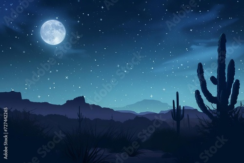 Moonlit desert landscape with silhouettes of cacti and starry sky