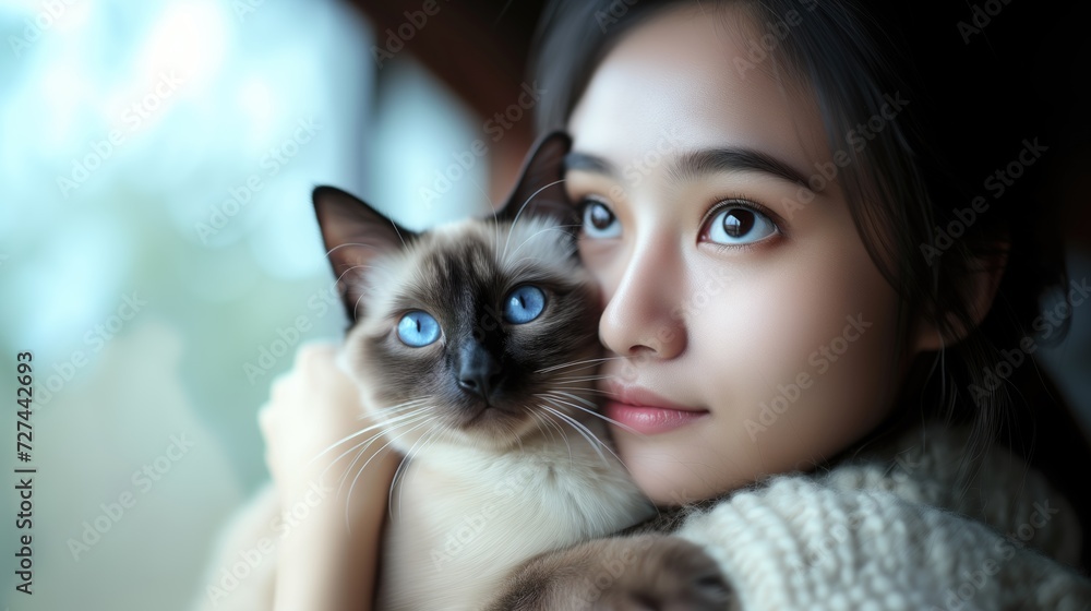 Portrait of beautiful young asian woman with siamese cat