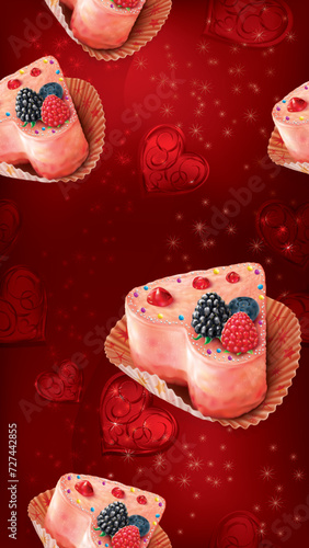 Valentines Day seamless pattern with heart shaped cake. Vector mesh illustration