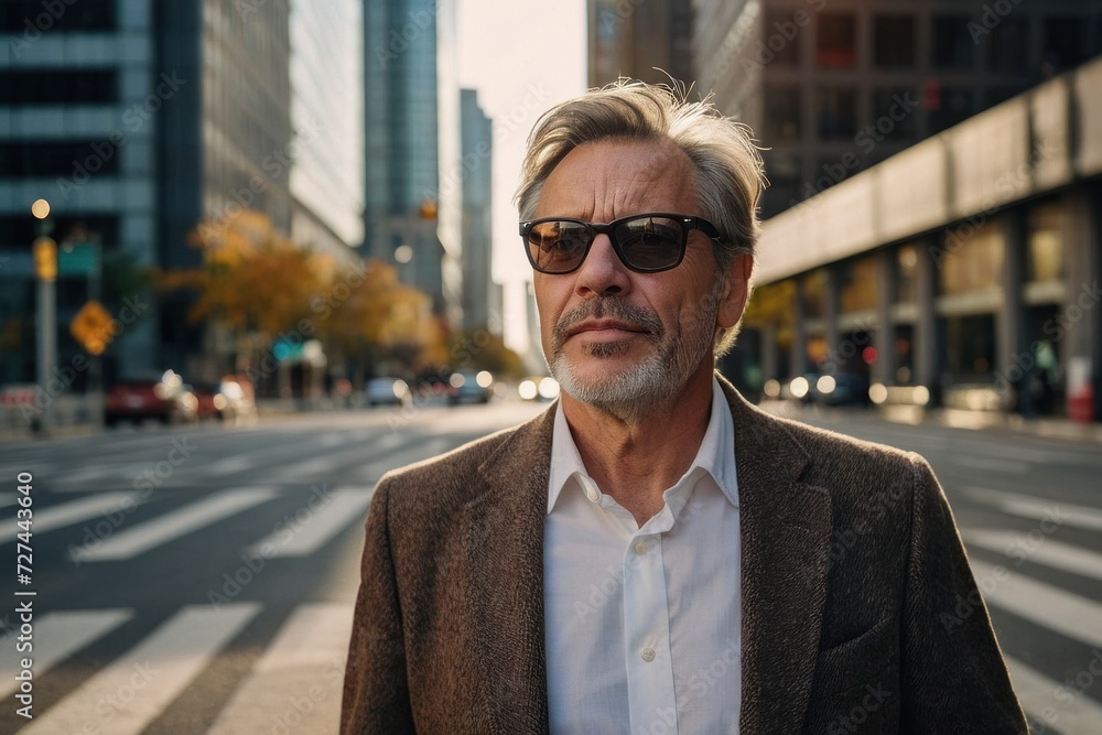Sunglass-clad man confidently strolls through the urban cityscape, exuding business charm and a fashionable demeanor, showcasing a handsome, smiling businessman in a stylish suit against the backdrop Sunglass-clad man confidently strolls through the urban cityscape, exuding business charm and a fashionable demeanor, showcasing a handsome, smiling businessman in a stylish suit against the backdrop