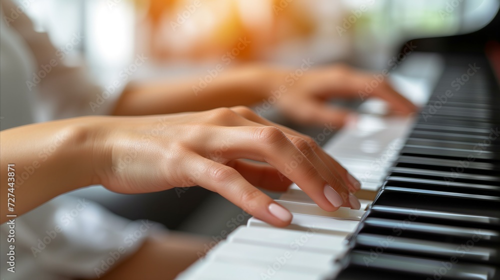 Obraz premium Close-Up of Hands Playing Piano Keys
