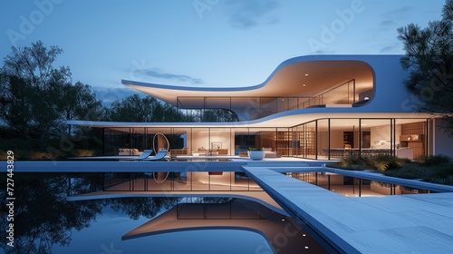 Twilight Serenity: Modern Curvilinear Architecture with Reflective Pool in Tranquil Nature Setting