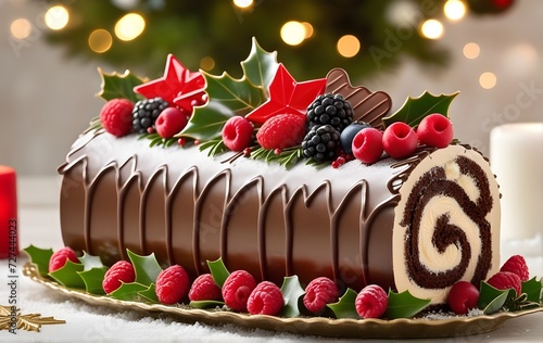 Image of traditional Christmas cake Yule log or bûche de Noël with decoration on black background