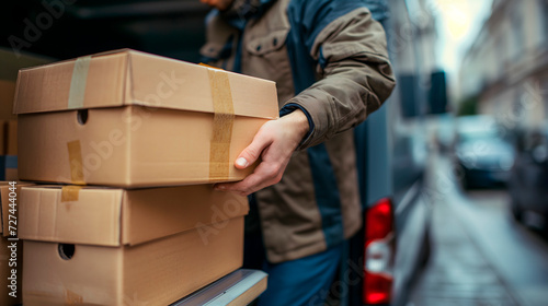 Transportista de mercancías sacando cajas de carton de una furgoneta de reparto 