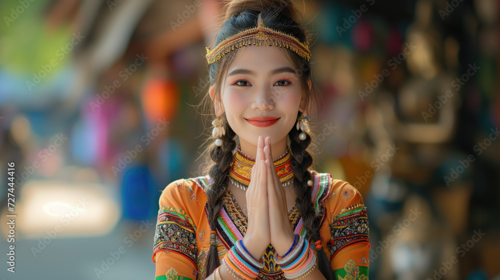 Beautiful young Thai woman in traditional suit smiles and gives wai greetings with her hands against blurry background