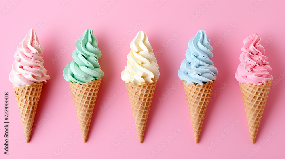 Asorted of ice cream scoops with cones in row on pink background. Asorted of ice cream scoops with cones in row on pink background.