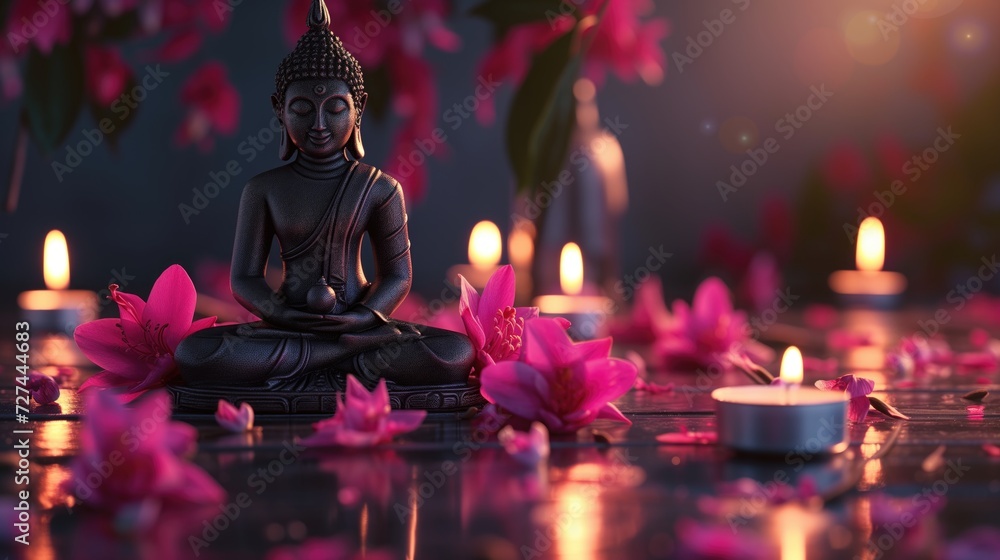 Buddha statue with flowers and candle on black background