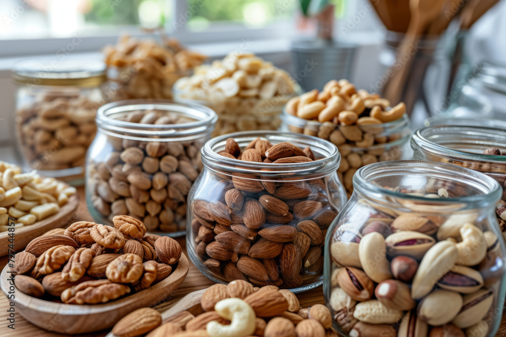 Mix of various nuts in bowl. Pistachios, cashews, walnuts, hazelnuts, peanuts and brazil nuts. Generative AI Mix of various nuts in bowl. Pistachios, cashews, walnuts, hazelnuts, peanuts and brazil nuts. Generative AI