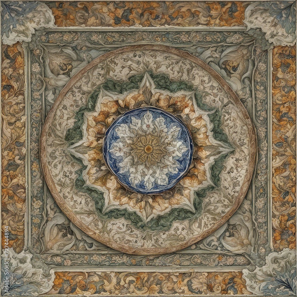 detail of the ceiling of the mosque A Turkish decorative tile plate background with a detailed and elegant texture and a variety of color 