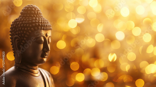 Buddha statue on golden bokeh background with copy space