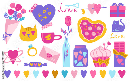 Valentines Day set with gift and other romantic elements, white background. Sticker love concept and wedding. Including flower bouquet, rose cupcake, pizza, candy, mail. Cute love vector illustration