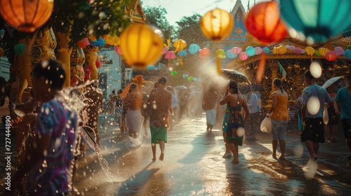 Thai people and foreign travelers walking and playing water fight and splash in Songkran festival  © Petrova-Apostolova