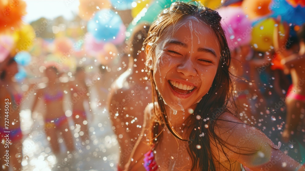 Happy young Thai woman has fun and splashing water at Songkran festival in Thailand Happy young Thai woman has fun and splashing water at Songkran festival in Thailand