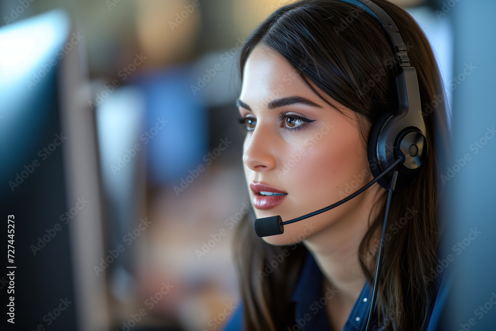 A beautiful young girl answering a call in a call center. A beautiful young girl answering a call in a call center.