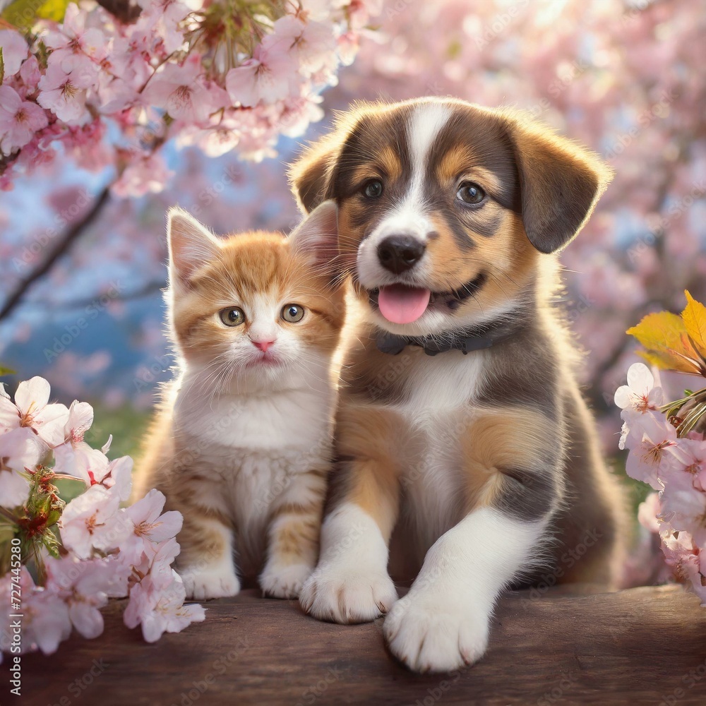 桜の花を背景に仲良く写真に写る子犬と子猫