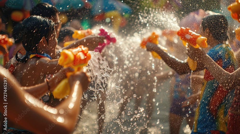 People splashing water at Songkran festival in Thailand - obrazy, fototapety, plakaty 