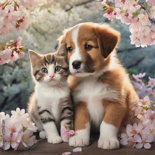 桜の花を背景に仲良く写真に写る子犬と子猫 © taikibansei
