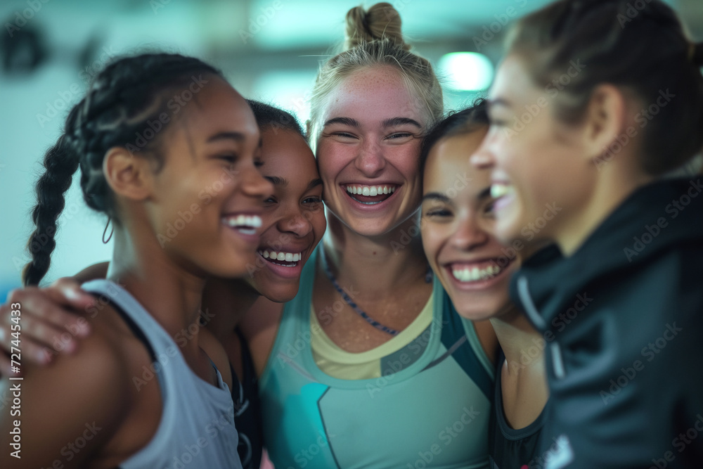 Fototapeta premium A group of girls taking pictures of themselves after training at the gym.