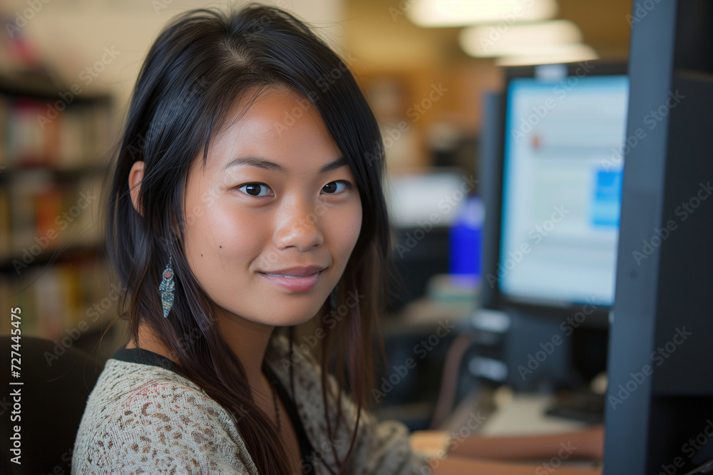A young Asian girl studying in the library, using the computer. A young Asian girl studying in the library, using the computer.