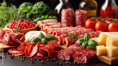 Assortment of Italian Deli Meats, Cheese, and Fresh Herbs on Wooden Surface
