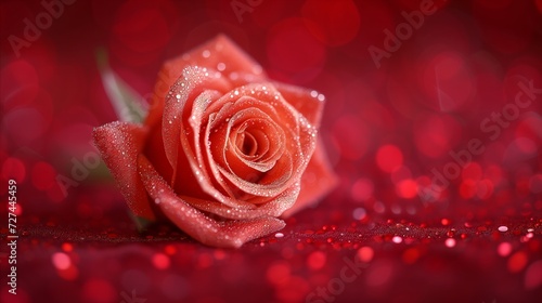 Dew-Kissed Rose on a Sparkling Red Background