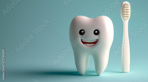cute smiling cartoon tooth with toothbrush. Stomatology, dental concept.